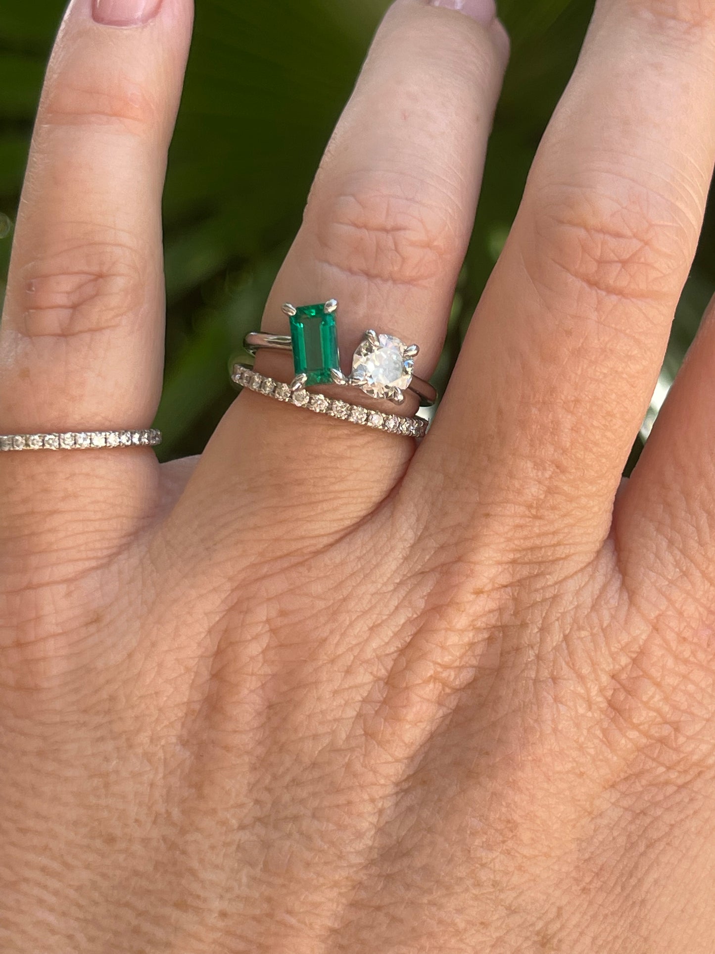 Diamond & Green Emerald Two Stone Ring