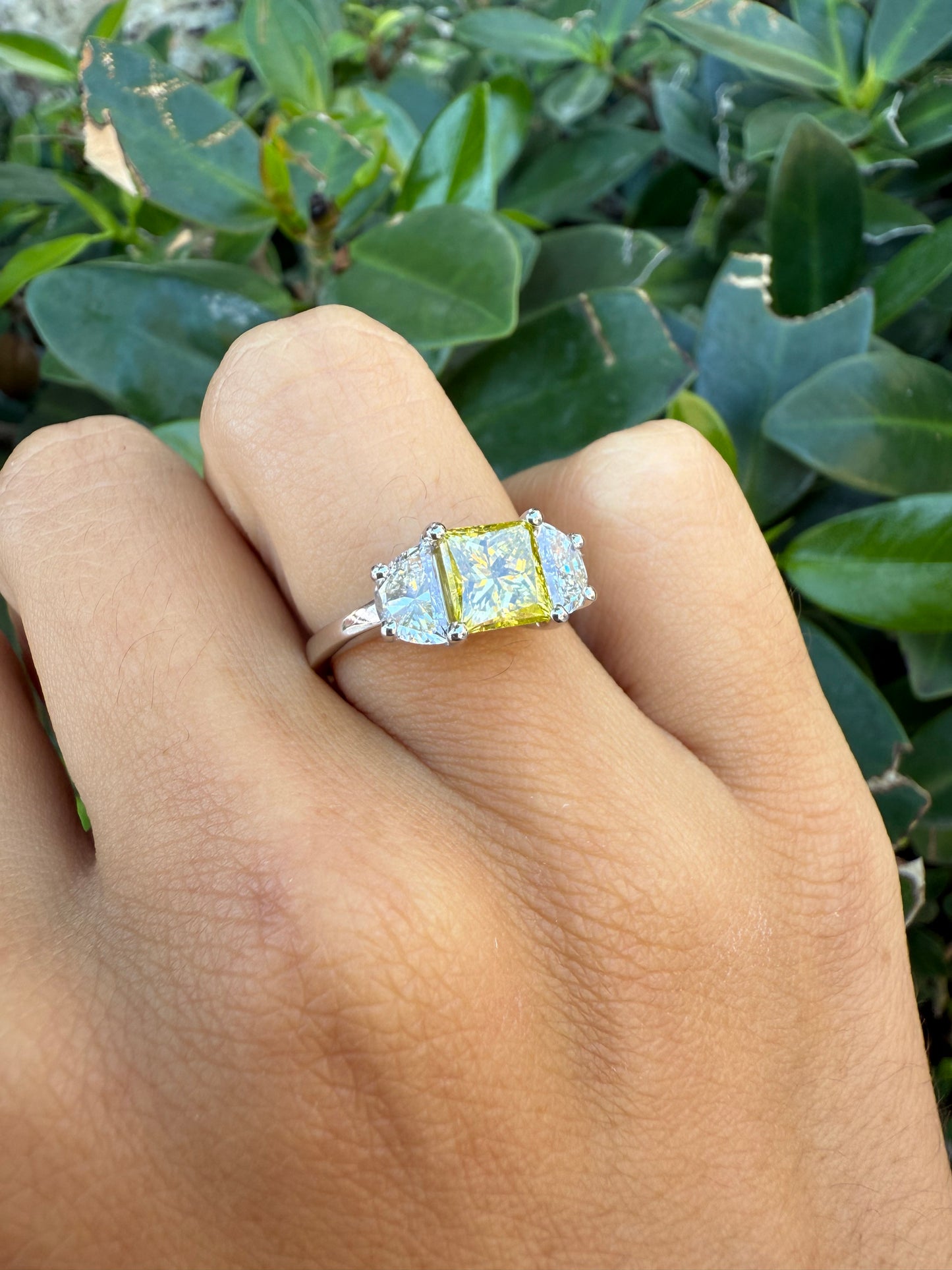 3 Stone Yellow Princess Cut Engagement Ring