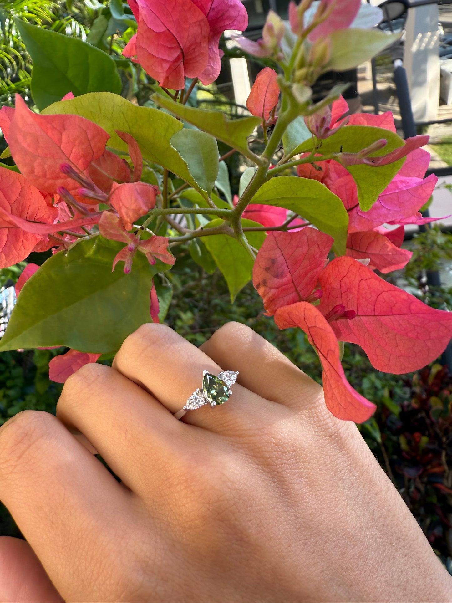 3 Stone Green Pear Engagement Ring
