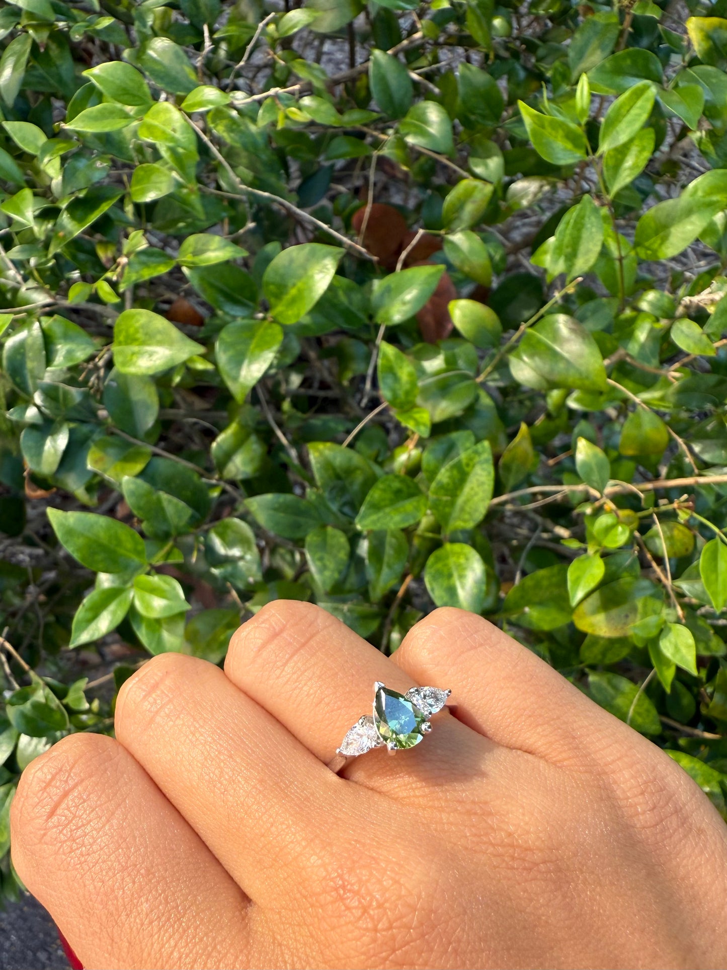 3 Stone Green Pear Engagement Ring