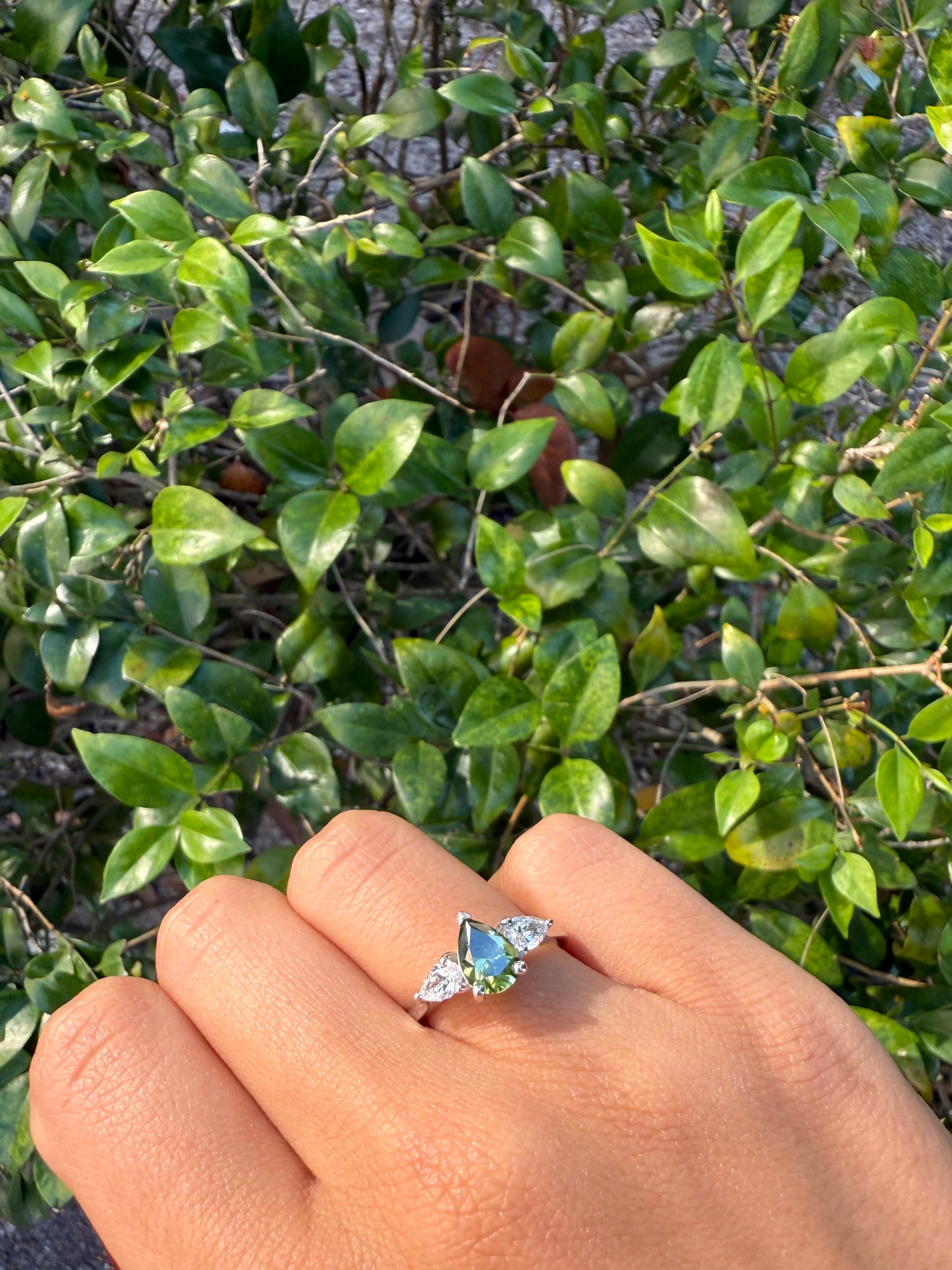 3 Stone Green Pear Engagement Ring
