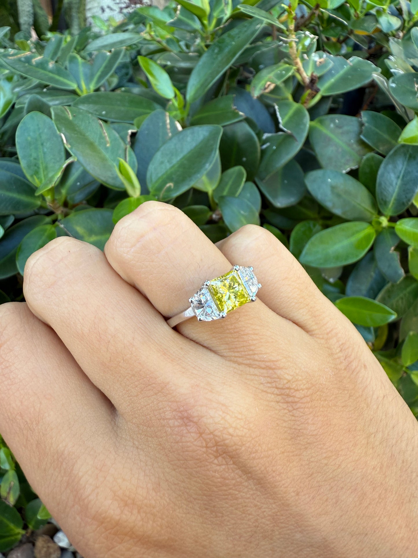 3 Stone Yellow Princess Cut Engagement Ring