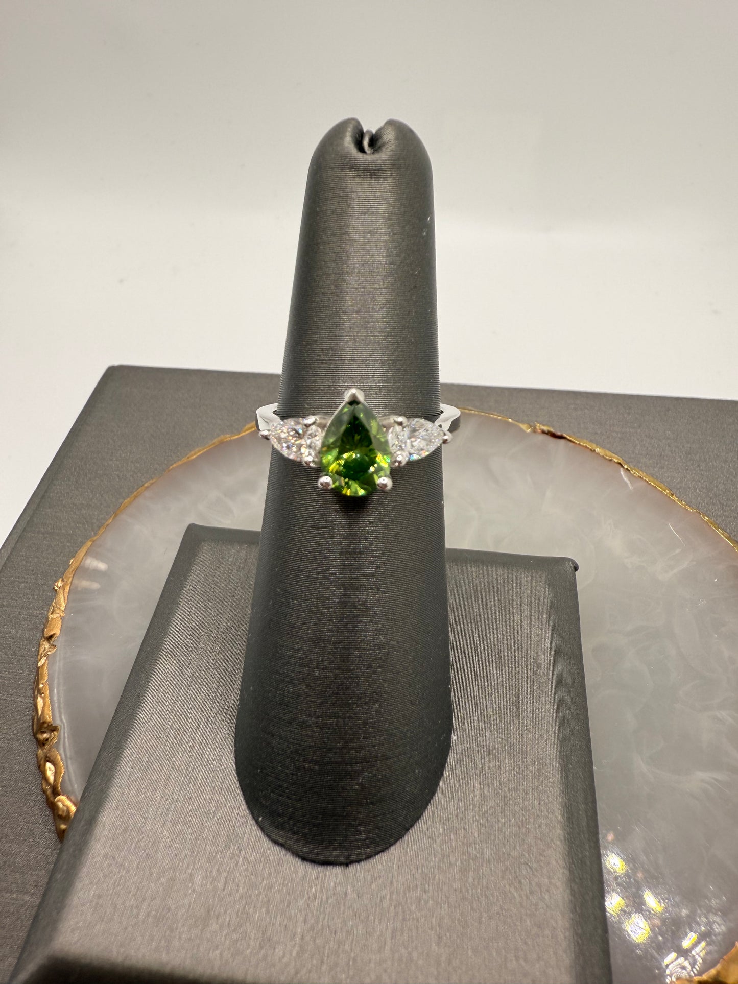 3 Stone Green Pear Engagement Ring