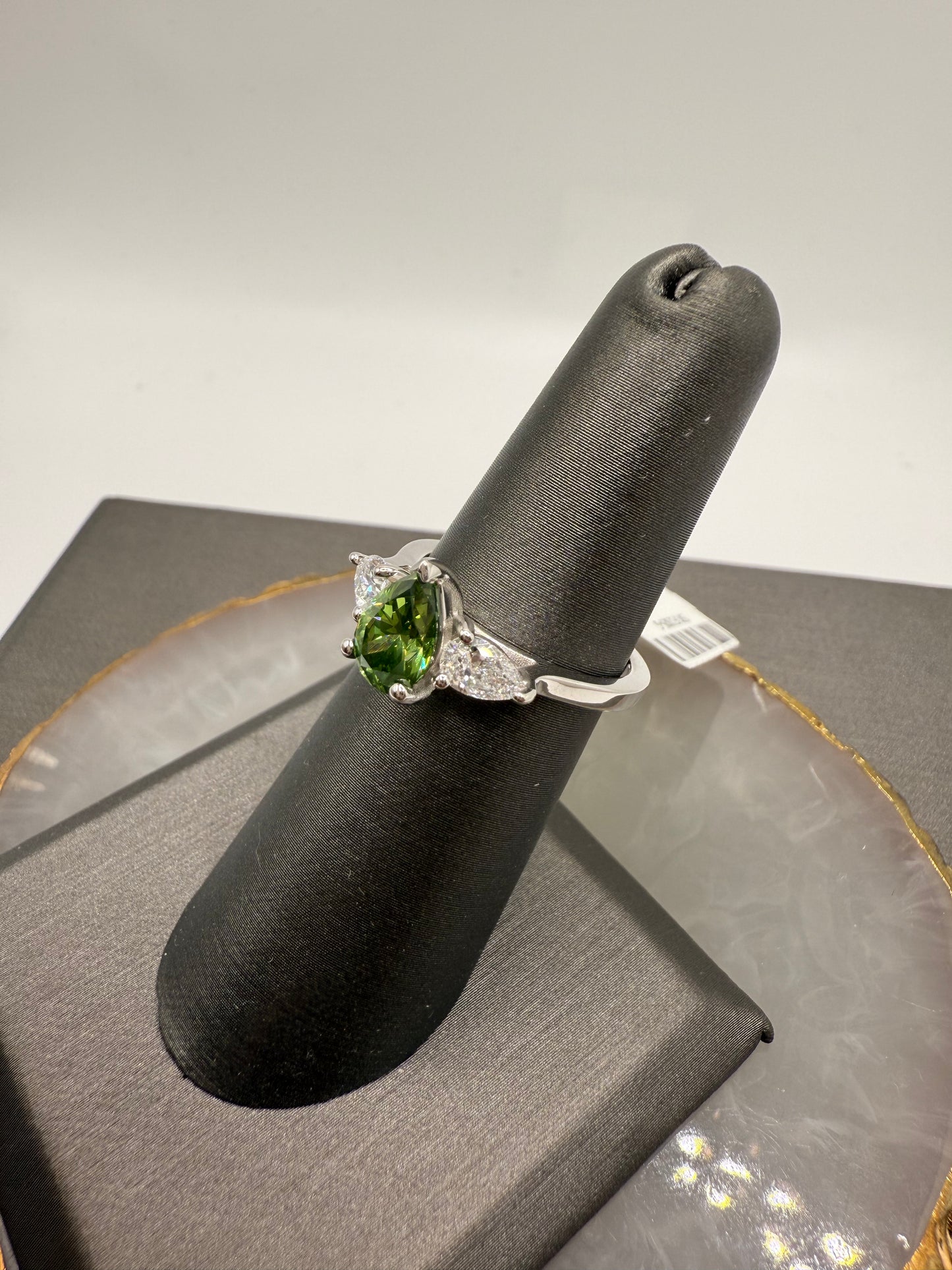 3 Stone Green Pear Engagement Ring