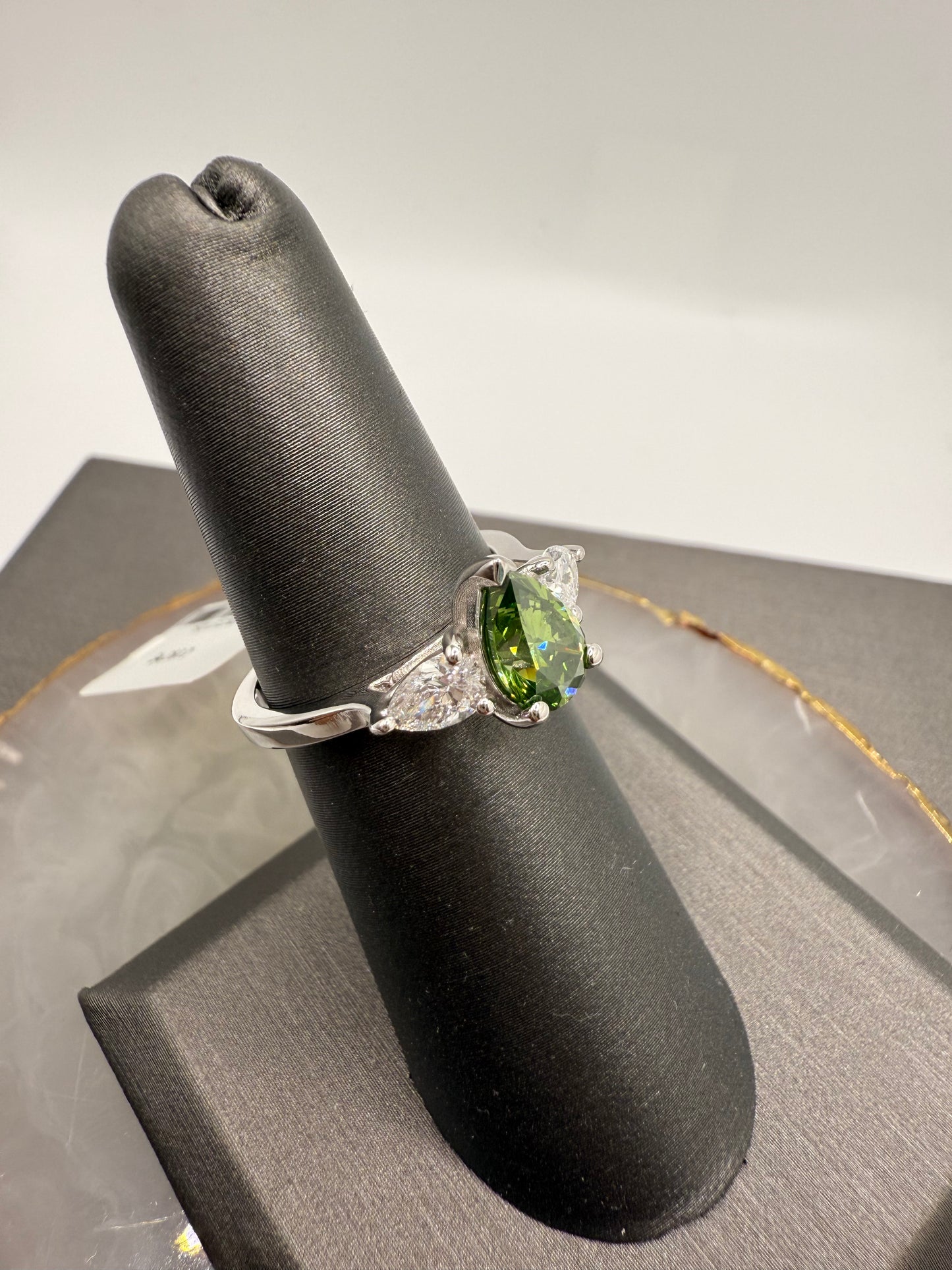 3 Stone Green Pear Engagement Ring