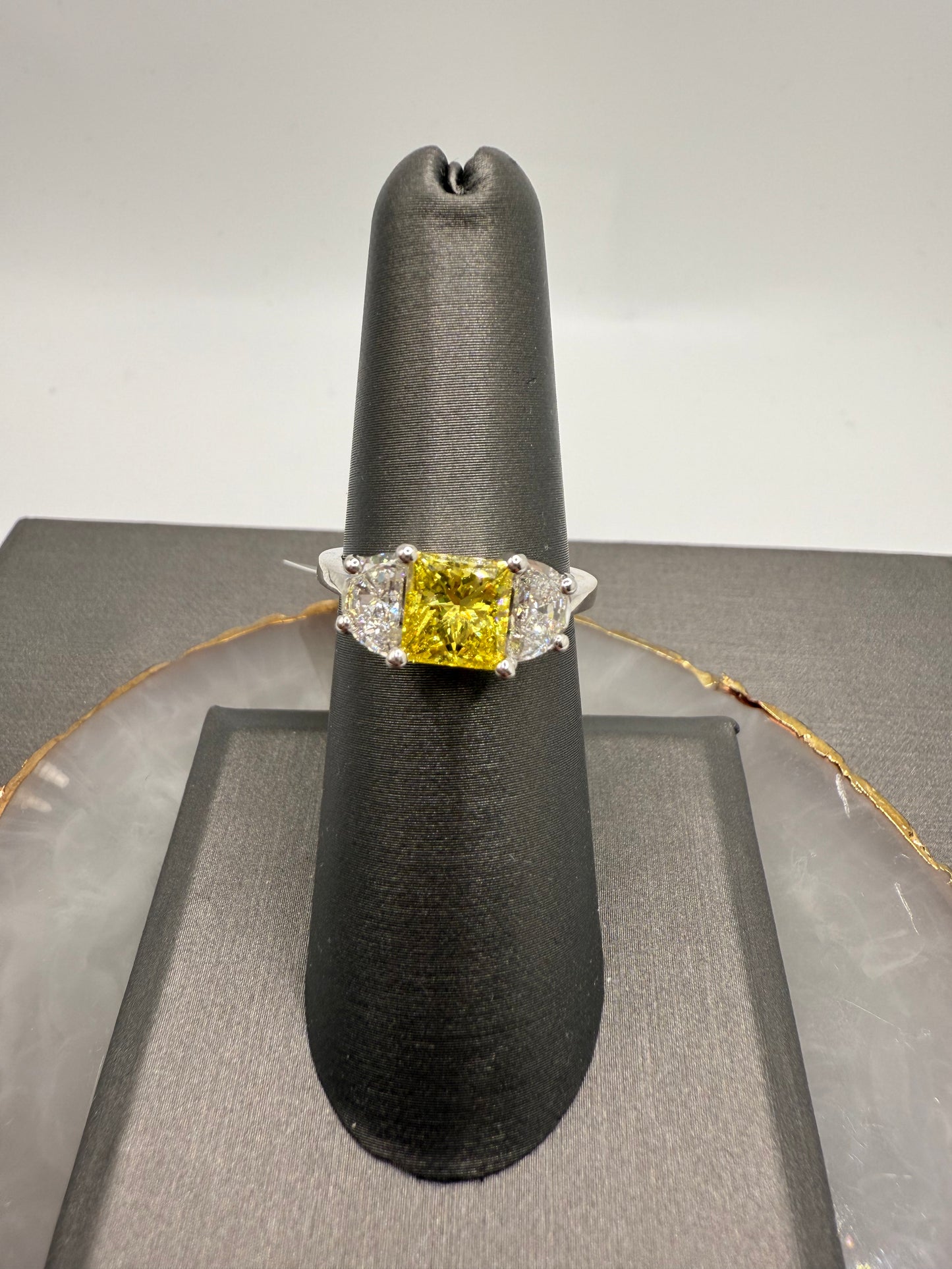 3 Stone Yellow Princess Cut Engagement Ring