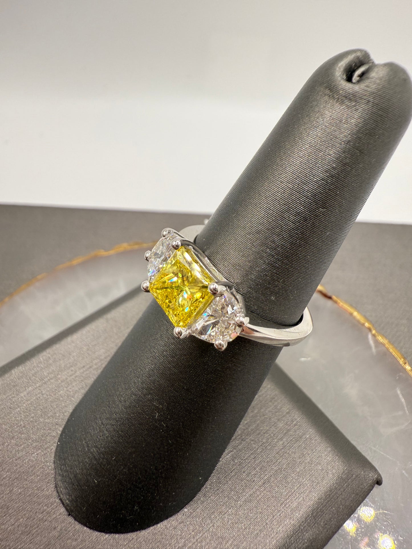 3 Stone Yellow Princess Cut Engagement Ring