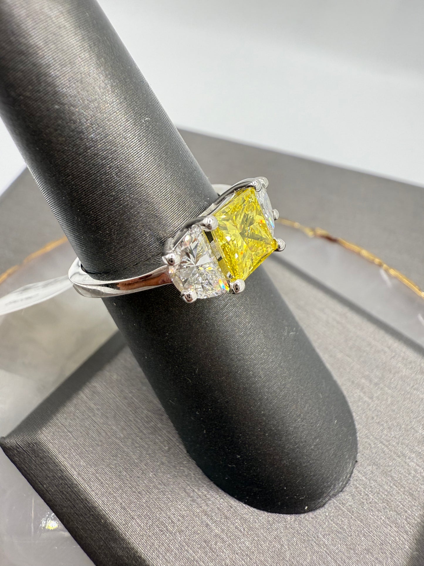3 Stone Yellow Princess Cut Engagement Ring
