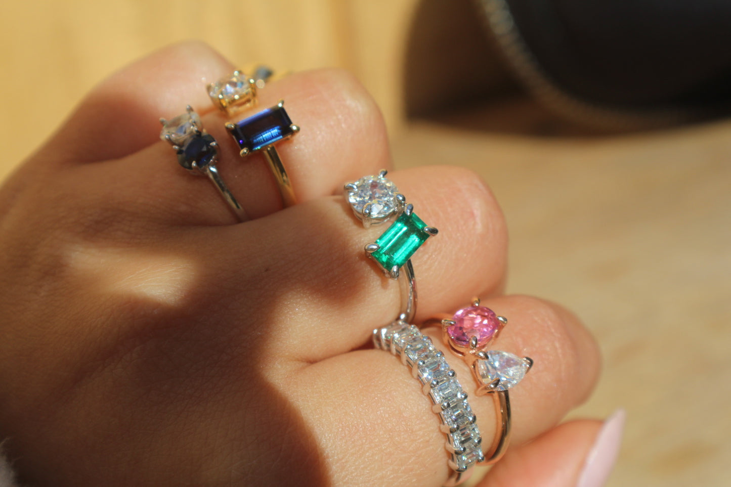 Diamond & Green Emerald Two Stone Ring