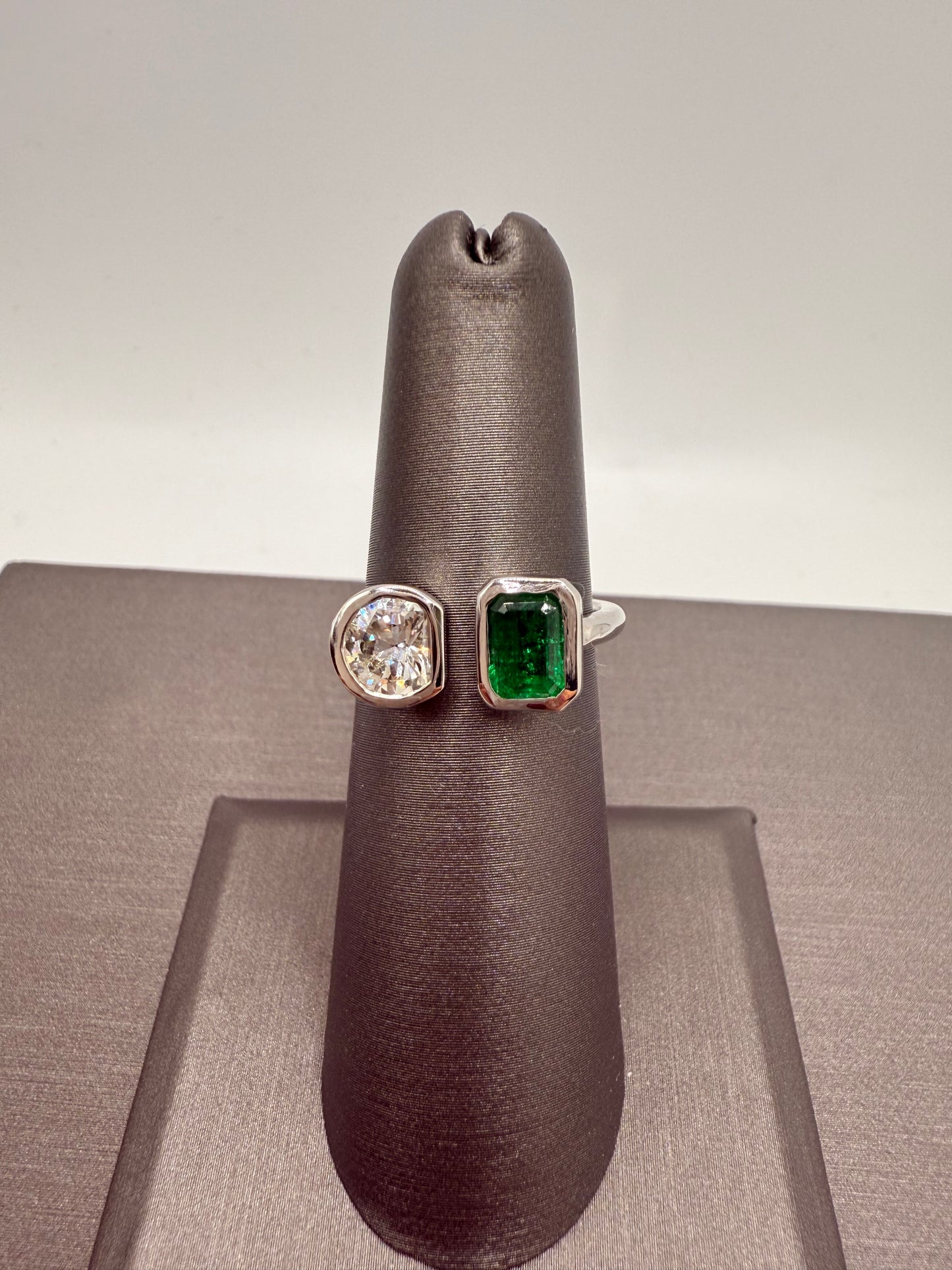 Diamond & Green Emerald Two Stone Ring
