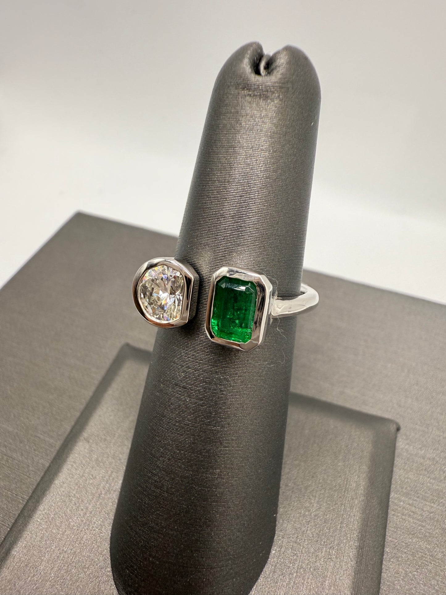Diamond & Green Emerald Two Stone Ring
