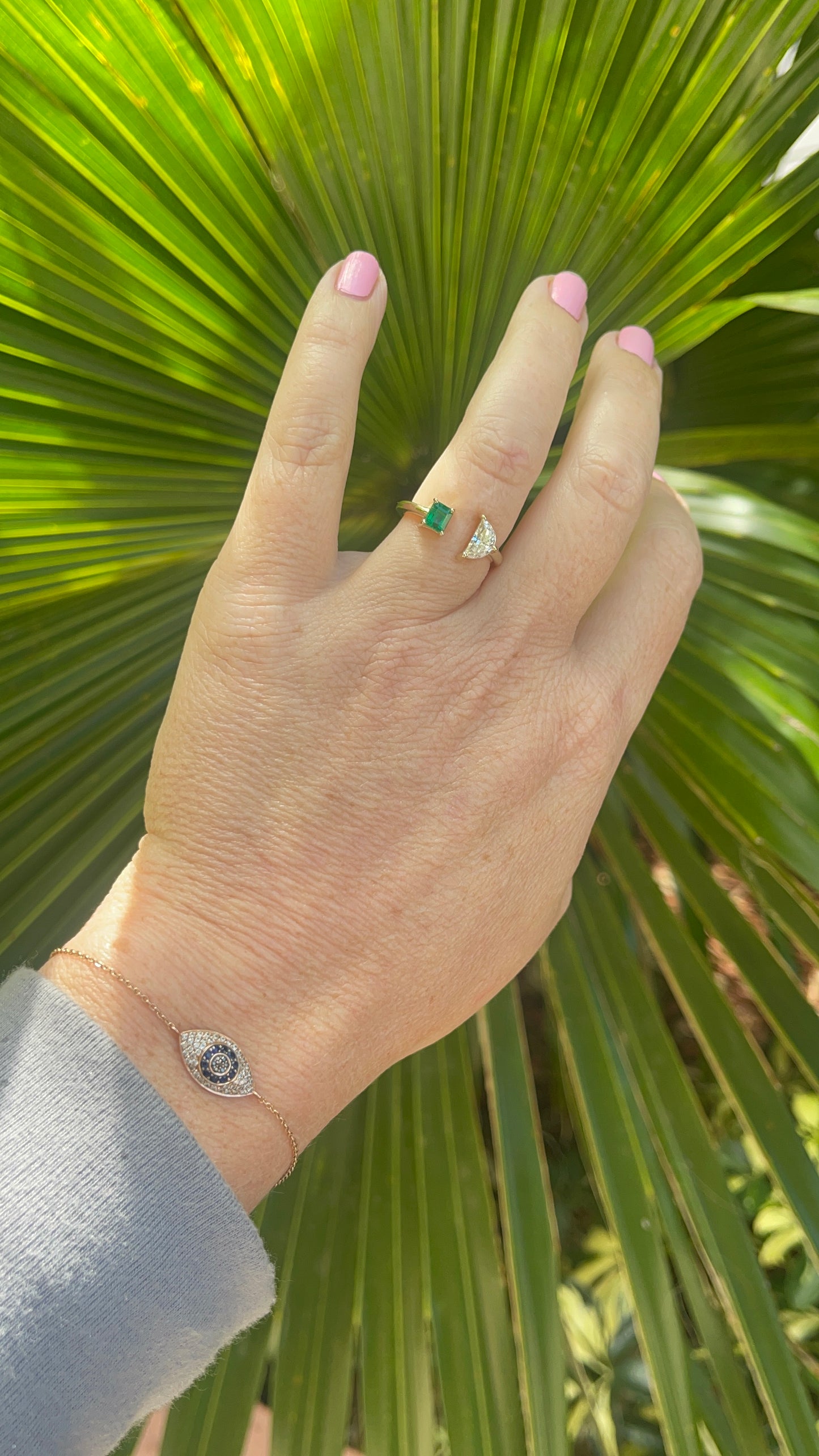 Diamond & Green Emerald Two Stone Ring