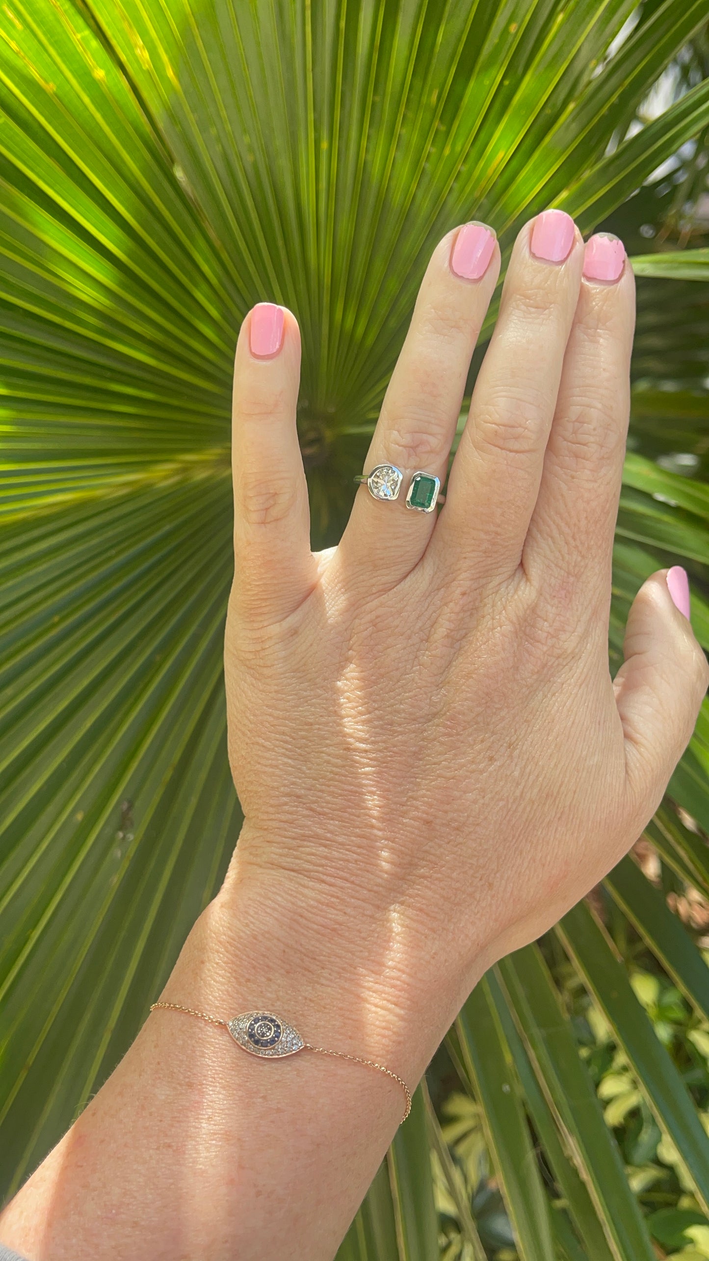 Diamond & Green Emerald Two Stone Ring