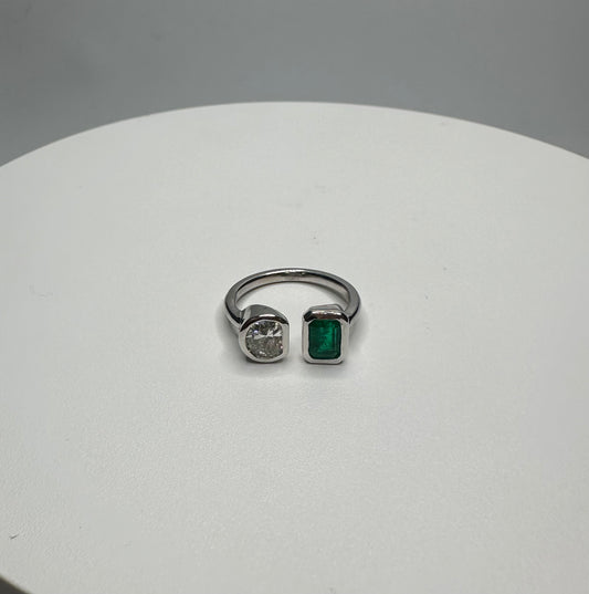 Diamond & Green Emerald Two Stone Ring